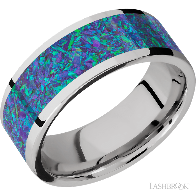 8 mm wide/Flat/Cobalt Chrome band with one 6 mm Centered inlay of Blue Green Opal.