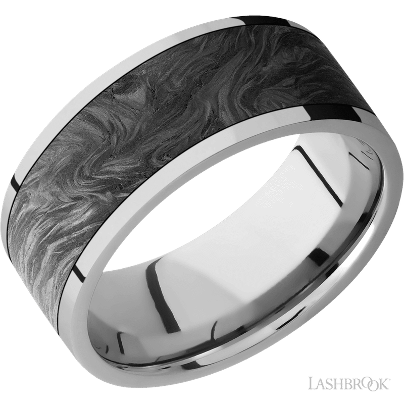 9 mm wide/Flat/Titanium band with one 7 mm Centered inlay of Forged Carbon Fiber.