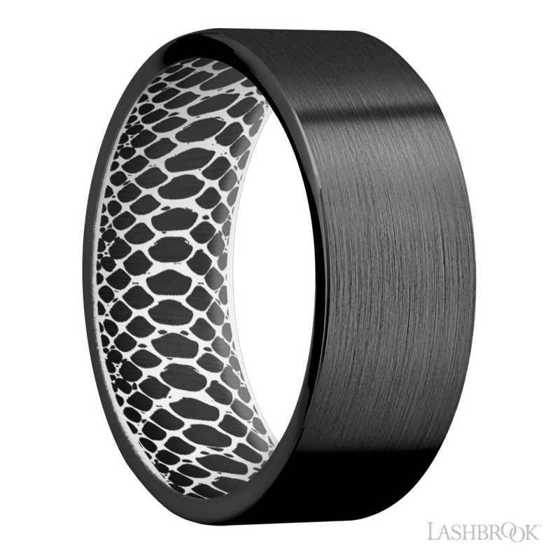 8 mm wide Flat Zirconium band featuring a Squatch sleeve.