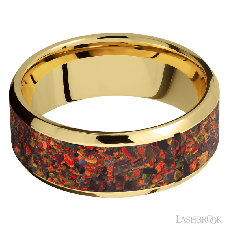 8 mm wide/Beveled/14K Yellow Gold band with one 6 mm Centered inlay of Red Opal.