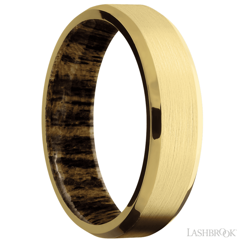 6 mm wide Beveled 18K Yellow Gold band featuring a Bocote sleeve.