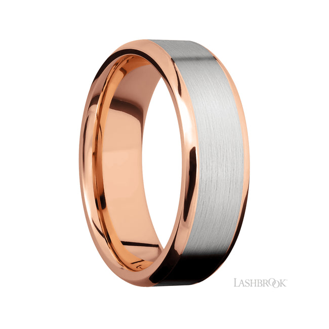 7 mm wide/Beveled/14K Rose Gold band with one 5 mm Centered inlay of 14K White Gold.