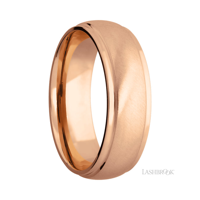 7 mm wide Domed Stepped Down Edges 14K Rose Gold band.