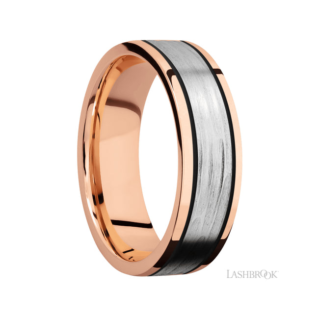 7 mm wide/Flat/14K Rose Gold band with one 4 mm Centered inlay of 14K White Gold.