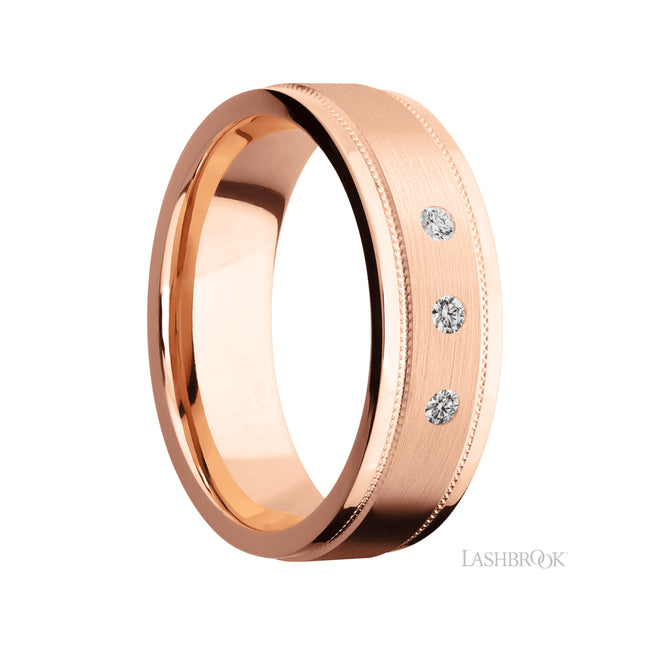 7 mm wide/Flat Stepped Edges Milgrain/14K Rose Gold band with an arrangement of 3, .03 carat Round Diamond stones in a Flush setting.