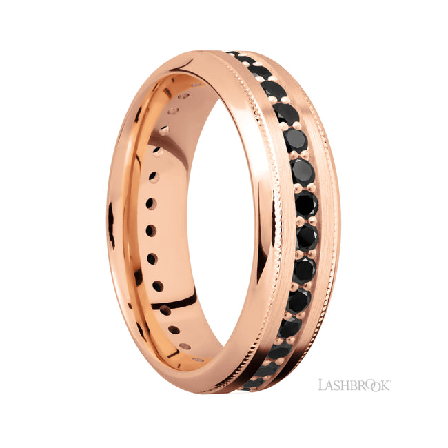 7 mm wide/High Bevel Milgrain/14K Rose Gold band with an Eternity arrangement of .03 carat Round Black Diamond stones in a Bead Channel setting.