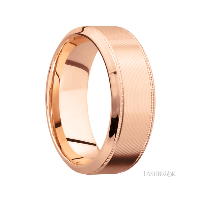 8 mm wide High Bevel Milgrain 14K Rose Gold band.