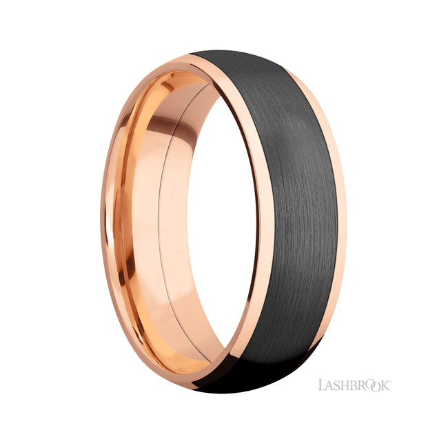 7 mm wide/Domed/14K Rose Gold band with one 5 mm Centered inlay of Zirconium.