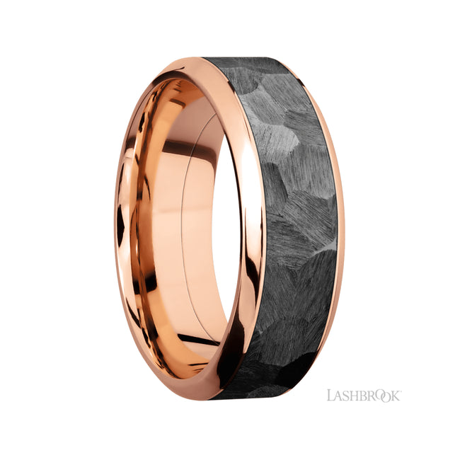 8 mm wide/High Bevel/14K Rose Gold band with one 5 mm Centered inlay of Zirconium.