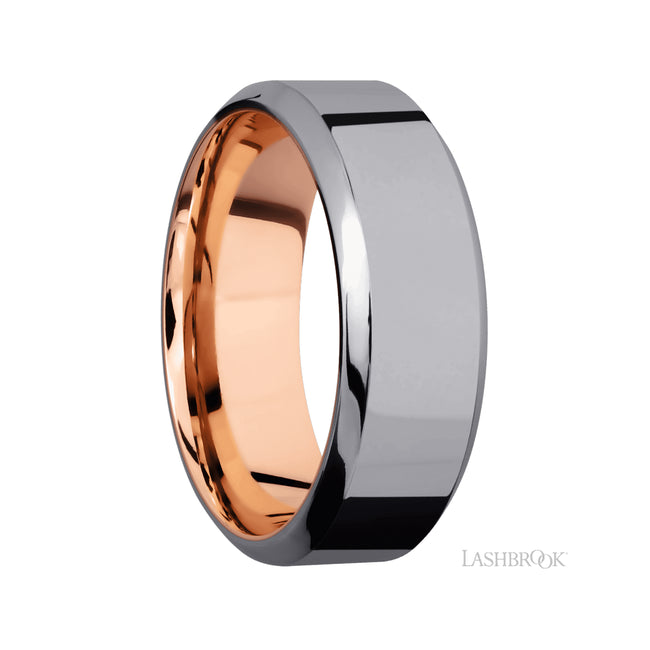 8 mm wide High Bevel Tantalum band featuring a 14K Rose Gold sleeve.