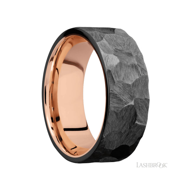 8 mm wide Flat Zirconium band featuring a 14K Rose Gold sleeve.