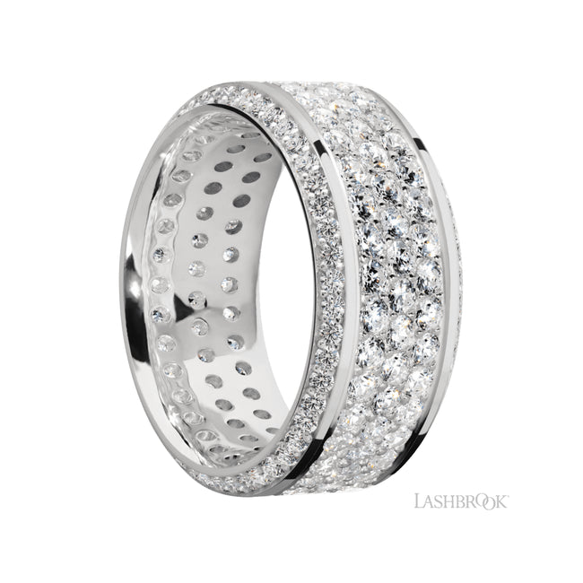 10 mm wide/High Bevel/14K White Gold band with a Bevel Eternity arrangement of .01 carat Round Diamond stones in a Bead setting and featuring a a 3 Row Eternity arrangement of .03 carat Round Diamond stones in a Bead Channel setting