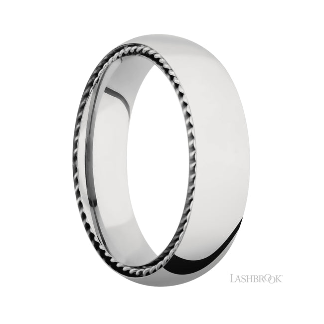 6 mm wide/Domed/14K White Gold band with two 1 mm Sidebraid inlays of 14K White Gold.