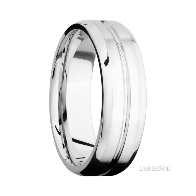 7 mm wide Beveled with Center Accent Groove 14K White Gold band.
