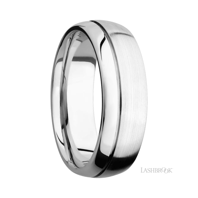 7 mm wide Domed with Off Center Accent Groove 14K White Gold band.