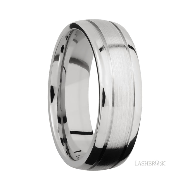 7 mm wide Domed with two accent grooves 14K White Gold band.
