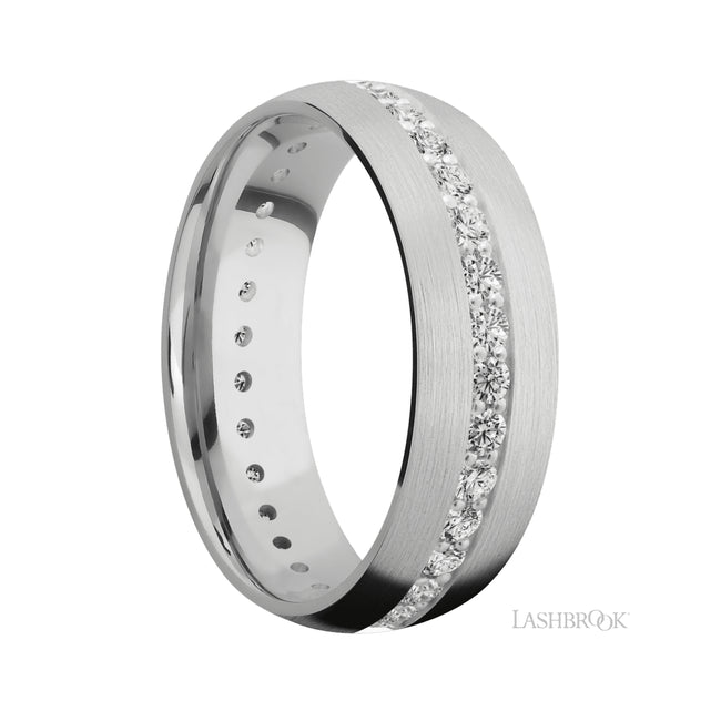 7 mm wide/Domed/14K White Gold band with an Eternity arrangement of .03 carat Round Diamond stones in a Bead Channel setting.