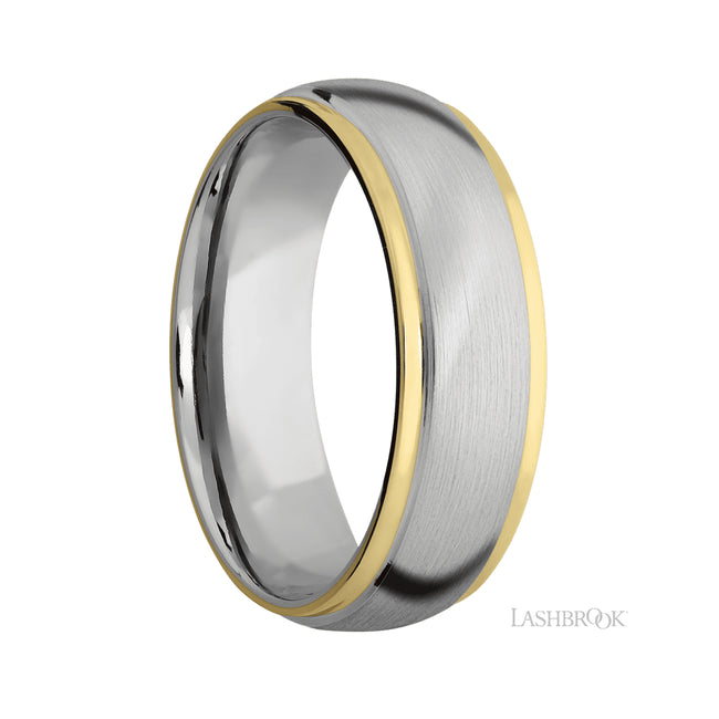 7 mm wide/Domed Stepped Down Edges/14K White Gold band with two 1 mm Edge inlays of 14K Yellow Gold.