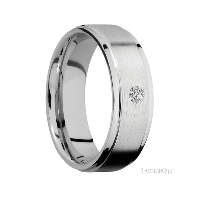 7 mm wide/Flat Grooved Edges/14K White Gold band with an arrangement of 1, .1 carat Round Diamond stones in a Flush setting.