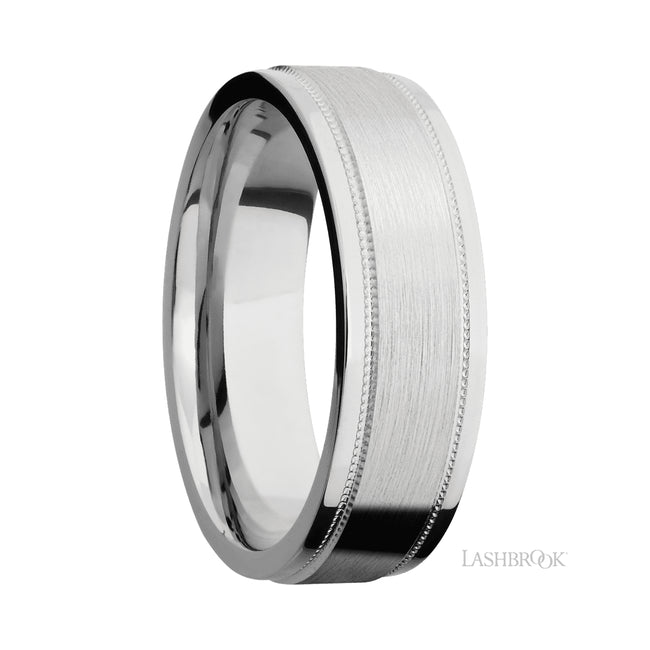 7 mm wide Flat Stepped Edges Milgrain 14K White Gold band.