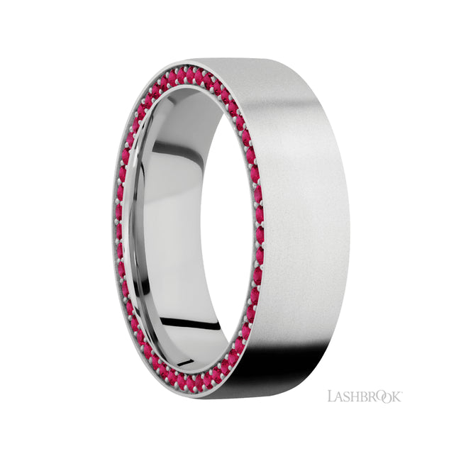 7 mm wide/Flat/14K White Gold band with a Side Eternity arrangement of .01 carat Round Ruby stones in a Bead Channel setting.