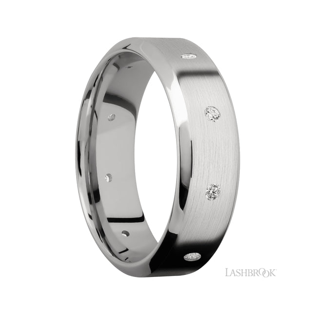 7 mm wide/High Bevel/14K White Gold band with a 9X Even arrangement of .03 carat Round Diamond stones in a Flush setting.