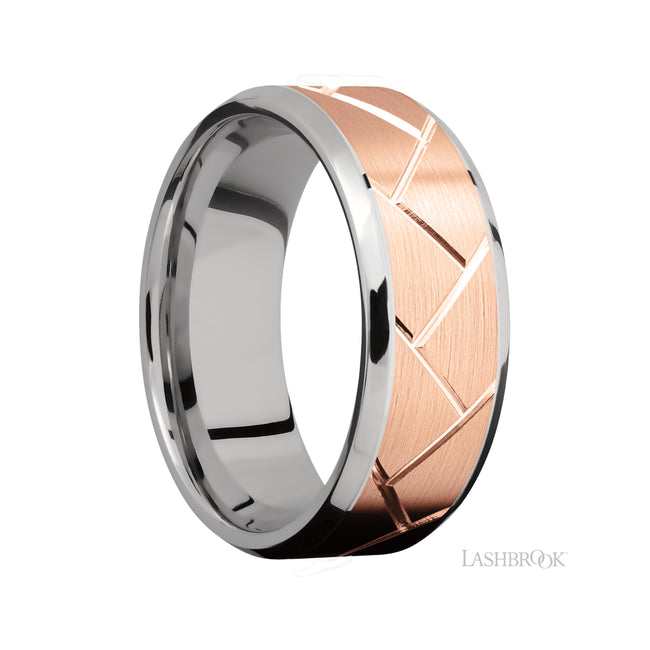 8 mm wide/Beveled/14K White Gold band with one 6 mm Centered inlay of 14K Rose Gold with a machined Flatweave pattern.