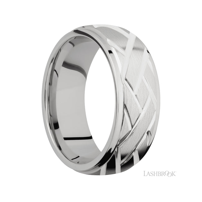 8 mm wide/Domed Stepped Down Edges/14K White Gold band with a machined Lattice pattern.