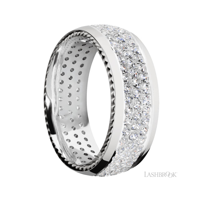 8 mm wide/Domed/14K White Gold band with two 1 mm Sidebraid inlays of 14K White Gold and featuring a 3 Row Eternity arrangement of .015 carat Round Diamond stones in a Bead Channel setting