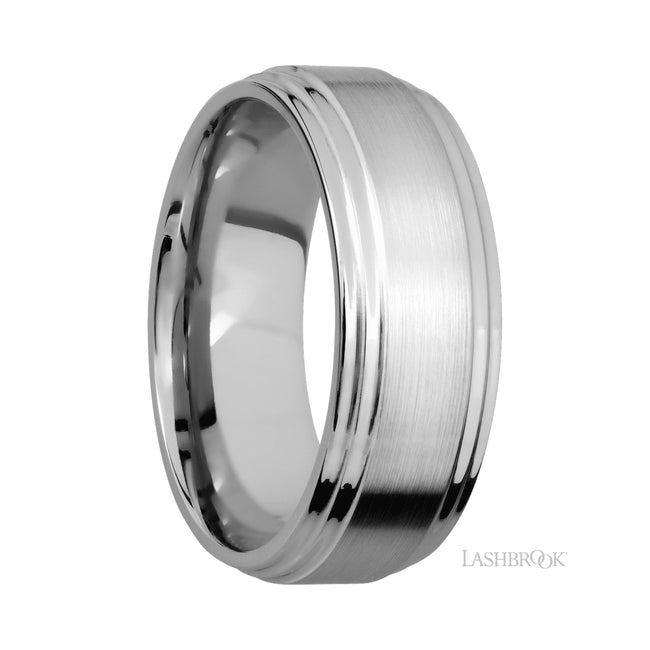 8 mm wide Flat Double Stepped Edges 14K White Gold band.