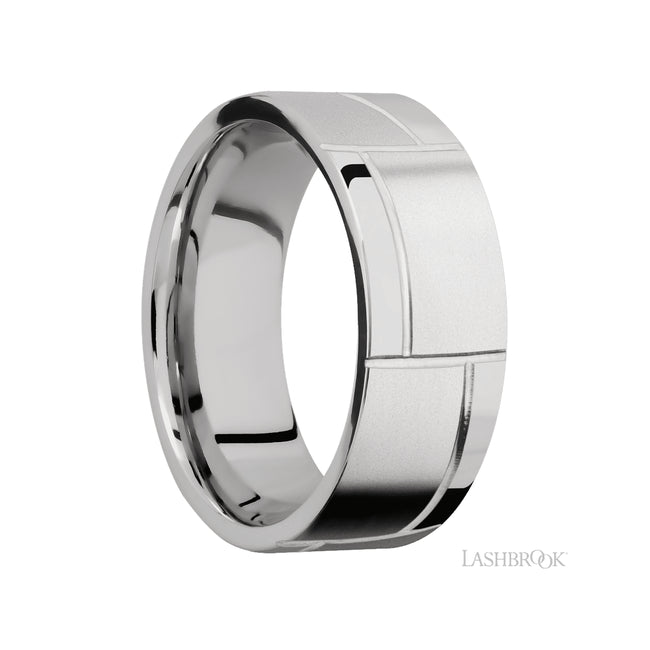 8 mm wide/Flat/14K White Gold band with a machined 3GOCHR pattern.
