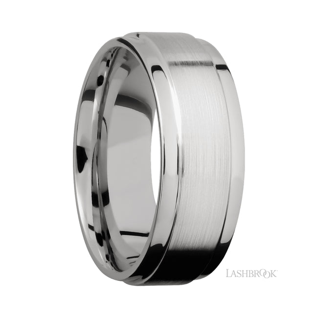 8 mm wide Flat Wide Grooved Edges 14K White Gold band.