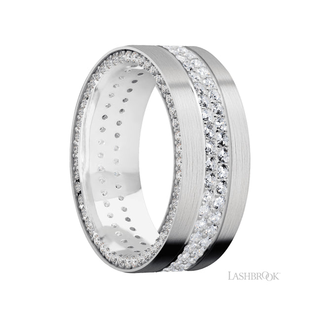 8 mm wide/Flat/14K White Gold band with a Side Eternity arrangement of .01 carat Round Diamond stones in a Bead Channel setting and featuring a a 2 Row Eternity arrangement of .015 carat Round Diamond stones in a Bead Channel setting