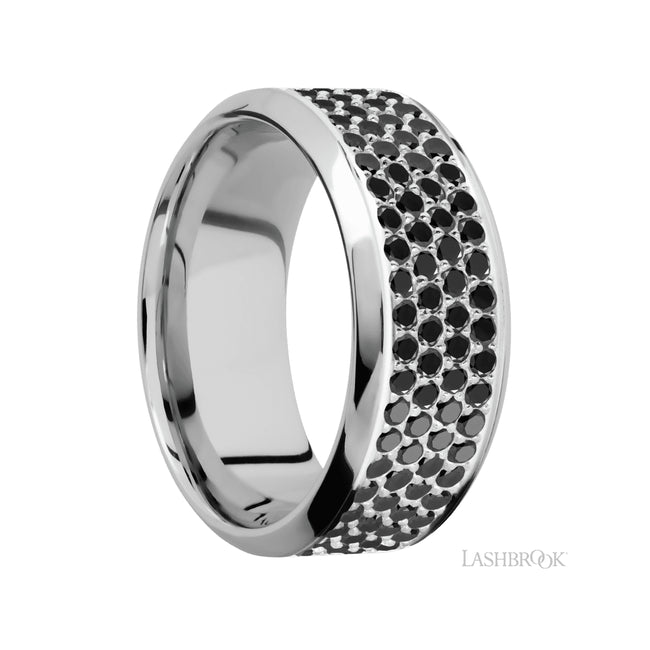 9 mm wide/High Bevel/14K White Gold band with a 4 Row Half Eternity arrangement of .015 carat Round Black Diamond stones in a Bead Channel setting.