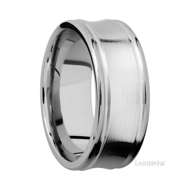 9 mm wide Concaved Center Round Edges 14K White Gold band.