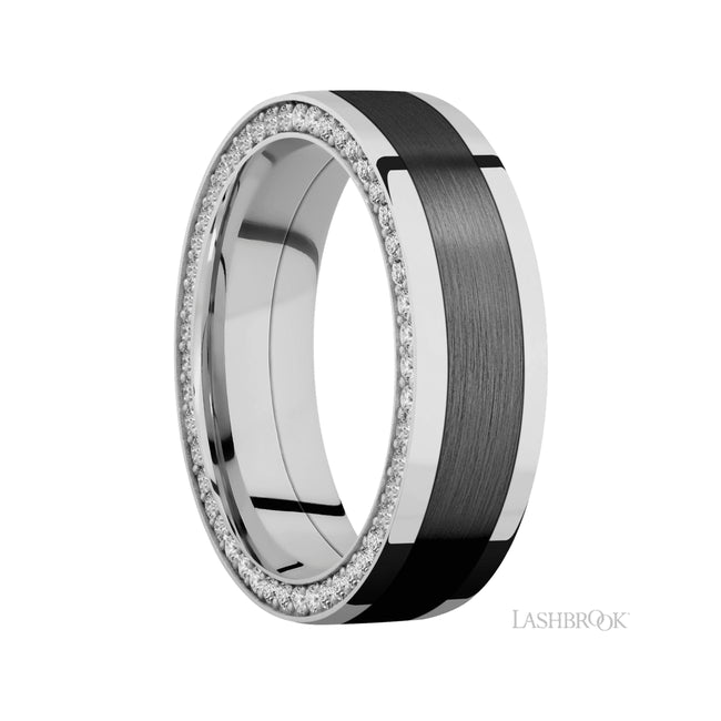 7 mm wide/Flat/14K White Gold band with one 4 mm Centered inlay of Zirconium and featuring a Side Eternity arrangement of .01 carat Round Diamond stones in a Bead Channel setting