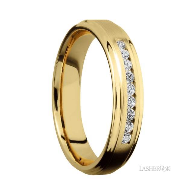 5 mm wide/Flat Grooved Edges/14K Yellow Gold band with an arrangement of 9, .03 carat Round Diamond stones in a Channel setting.