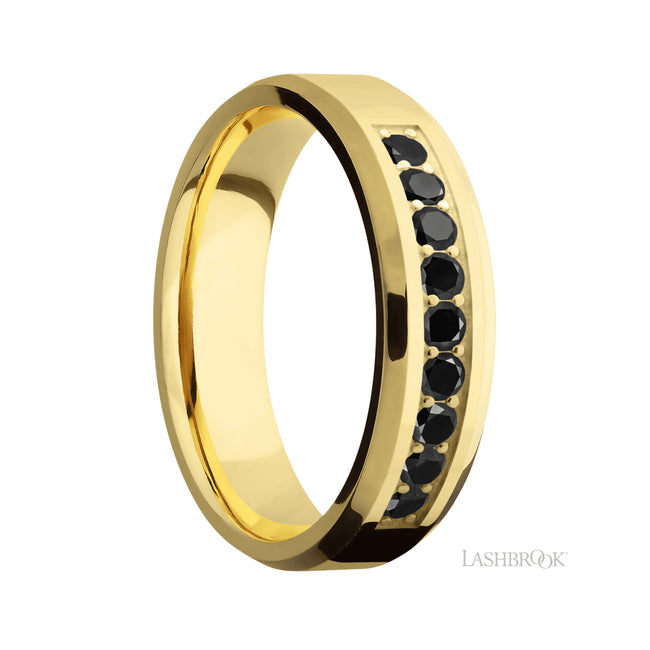 6 mm wide/Beveled/14K Yellow Gold band with an arrangement of 9, .05 carat Round Black Diamond stones in a Bead Channel setting.