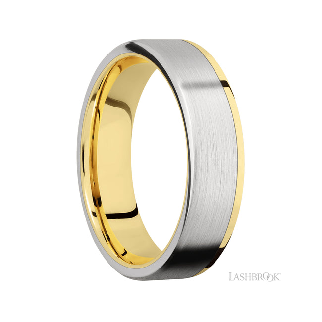 6 mm wide/Flat/14K Yellow Gold band with one 5 mm Off Center Edge inlay of Cobalt Chrome.