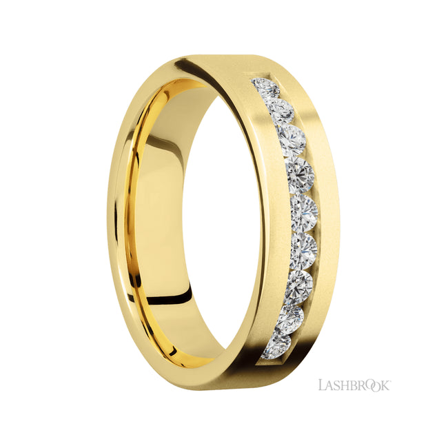 6 mm wide/Flat/14K Yellow Gold band with an arrangement of 9, .07 carat Round Diamond stones in a Channel setting.