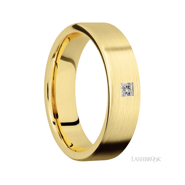6 mm wide/Flat/14K Yellow Gold band with an arrangement of 1, .1 carat Princess Diamond stones in a Flush setting.