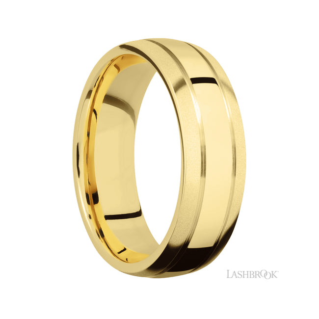 7 mm wide Domed with two accent grooves 14K Yellow Gold band.
