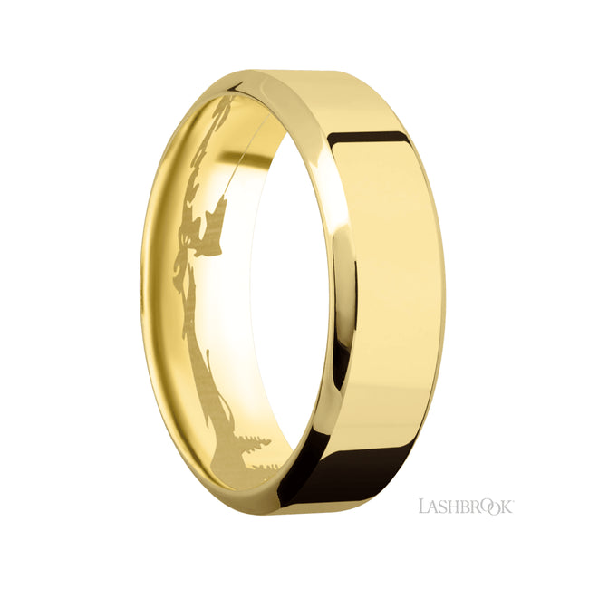 7 mm wide High Bevel 14K Yellow Gold band.