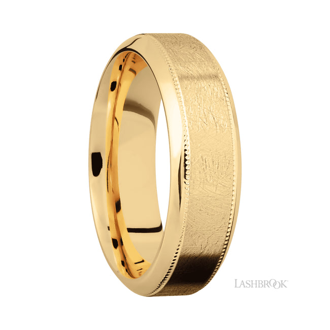7 mm wide High Bevel Milgrain 14K Yellow Gold band.