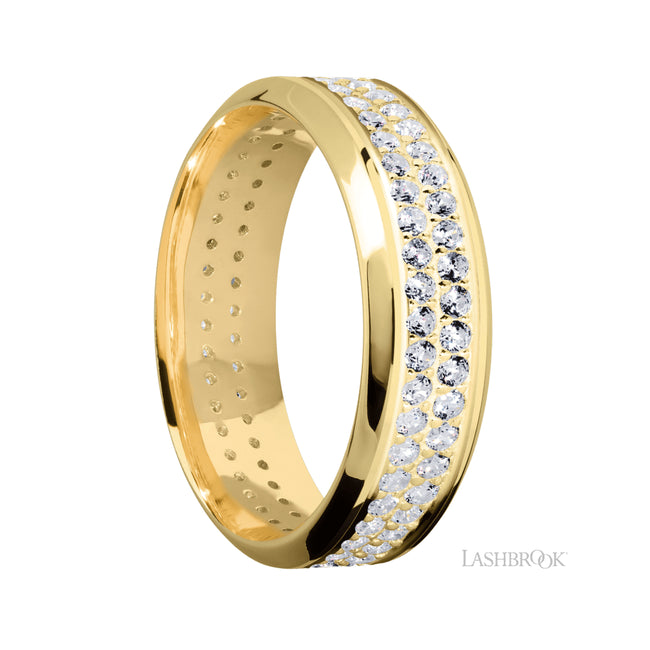 7 mm wide/High Bevel/14K Yellow Gold band with a 2 Row Eternity arrangement of .015 carat Round Diamond stones in a Bead Channel setting.