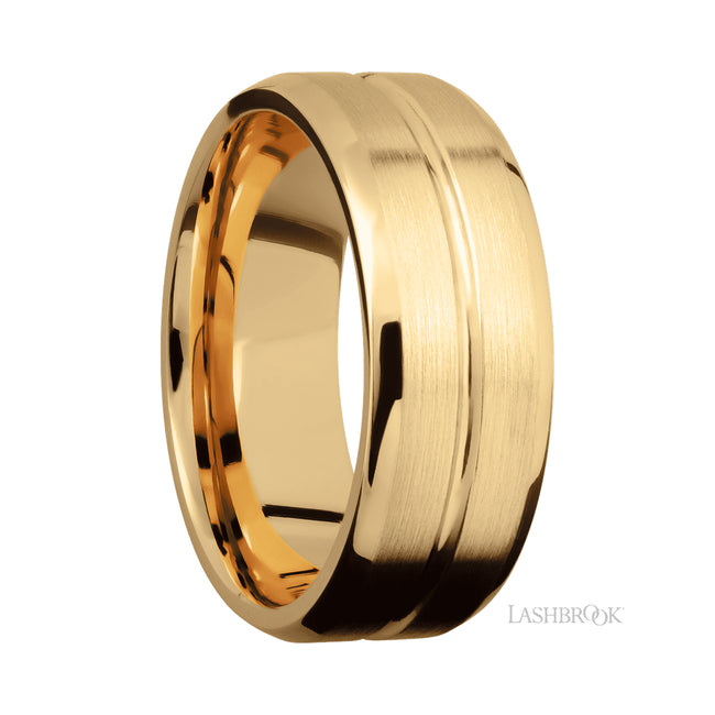 8 mm wide Beveled with Center Accent Groove 14K Yellow Gold band.