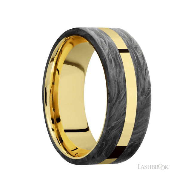 8 mm wide/Flat/14K Yellow Gold band with two 3 mm Double Off Center Edge inlays of Forged Carbon Fiber.