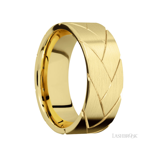 8 mm wide/Flat/14K Yellow Gold band with a machined Flatbraid pattern.