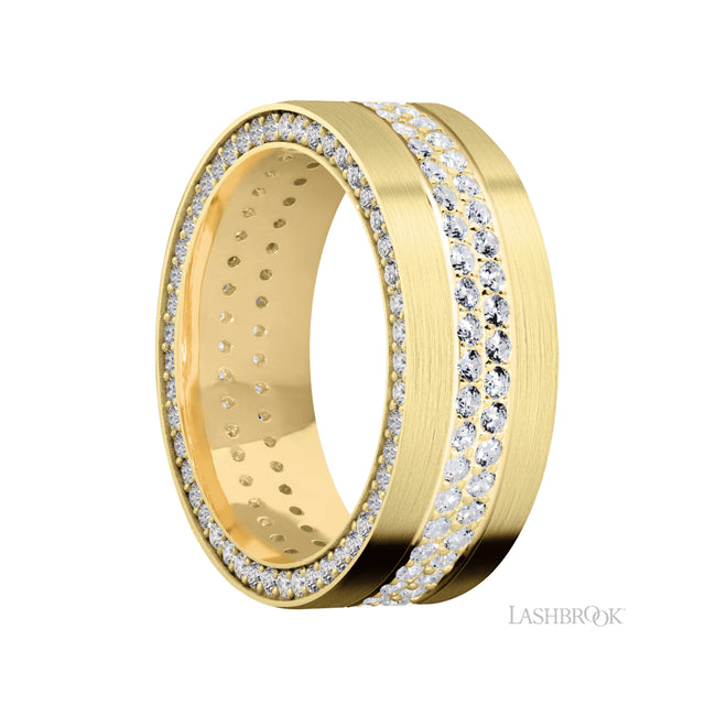 8 mm wide/Flat/14K Yellow Gold band with a Side Eternity arrangement of .01 carat Round Diamond stones in a Bead Channel setting and featuring a a 2 Row Eternity arrangement of .015 carat Round Diamond stones in a Bead Channel setting