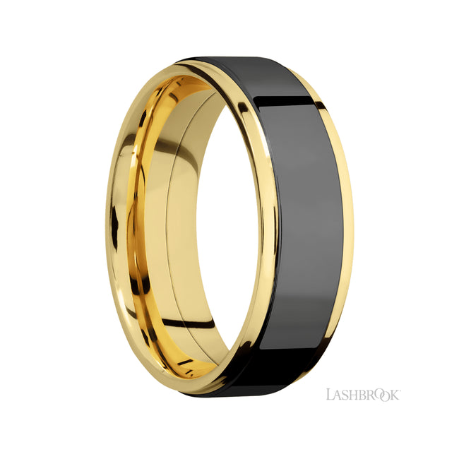 7 mm wide/Flat Grooved Edges/14K Yellow Gold band with one 5 mm Raised Centered inlay of Zirconium.